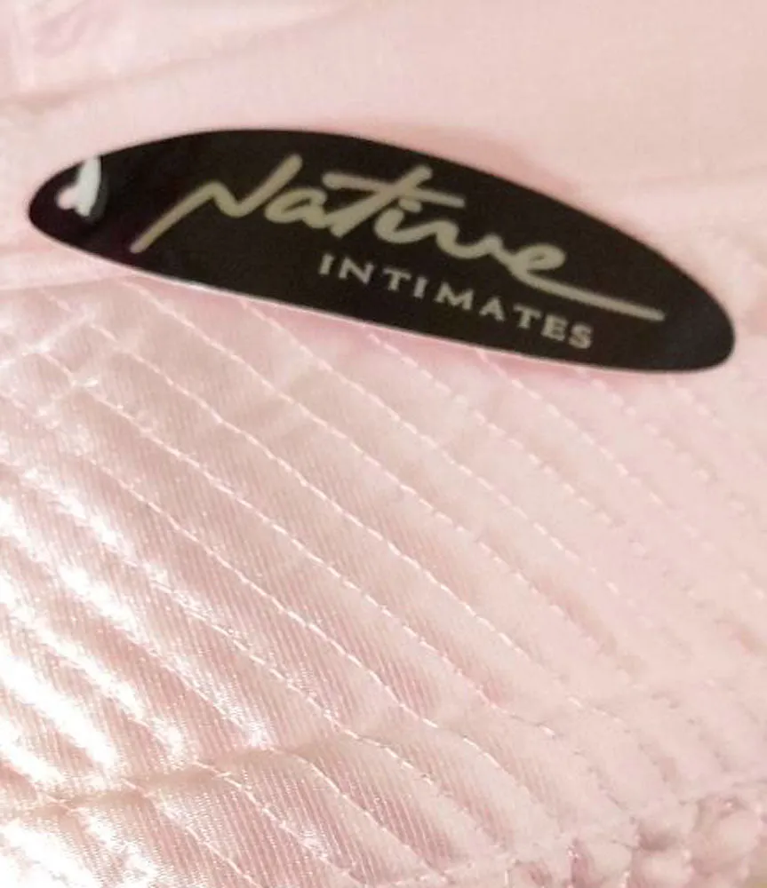 *  VINTAGE NATIVE INTIMATES PINK QUILTED SATIN MERRY WIDOW WITH THONG PANTIES NEW OLD STOCK WITH TAG