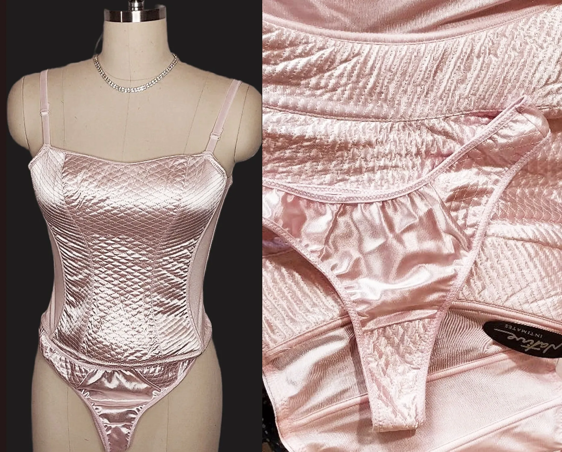 *  VINTAGE NATIVE INTIMATES PINK QUILTED SATIN MERRY WIDOW WITH THONG PANTIES NEW OLD STOCK WITH TAG