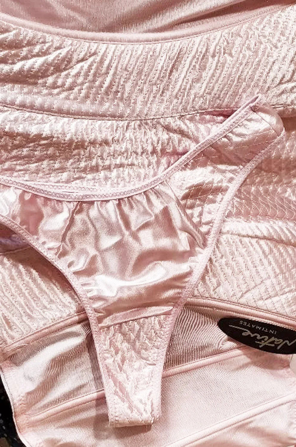 *  VINTAGE NATIVE INTIMATES PINK QUILTED SATIN MERRY WIDOW WITH THONG PANTIES NEW OLD STOCK WITH TAG