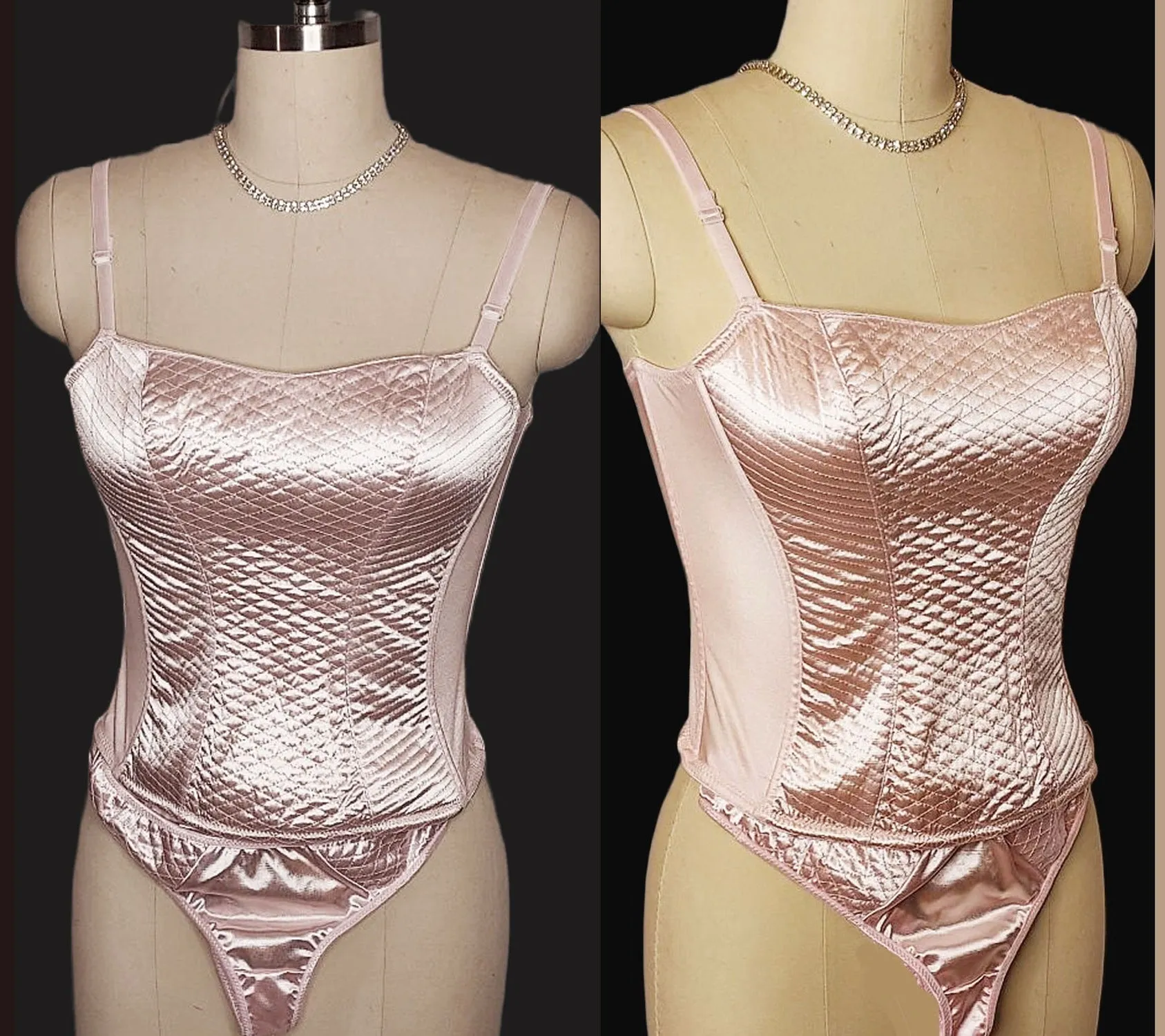 *  VINTAGE NATIVE INTIMATES PINK QUILTED SATIN MERRY WIDOW WITH THONG PANTIES NEW OLD STOCK WITH TAG