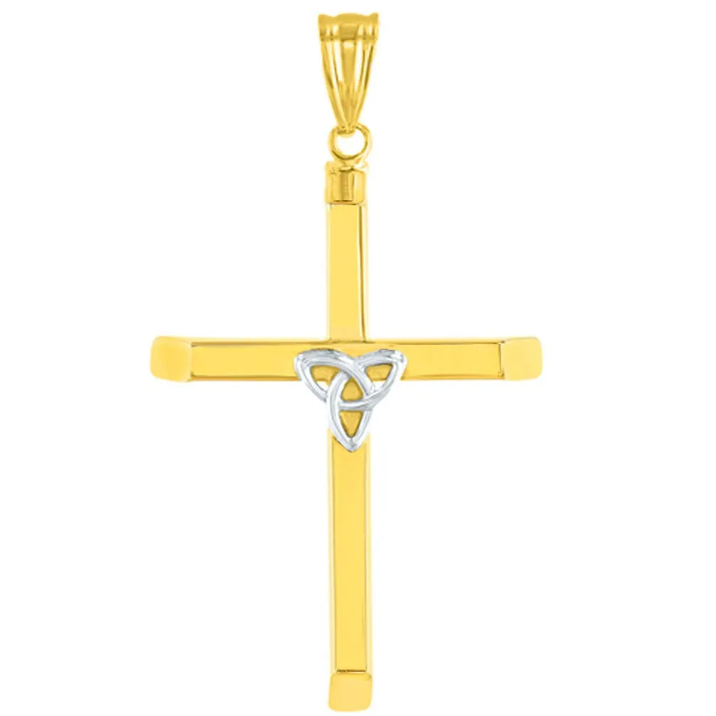 14K Two Tone Gold Plain Celtic Trinity Cross with Triquetra Symbol Pendant Figaro Chain Necklace