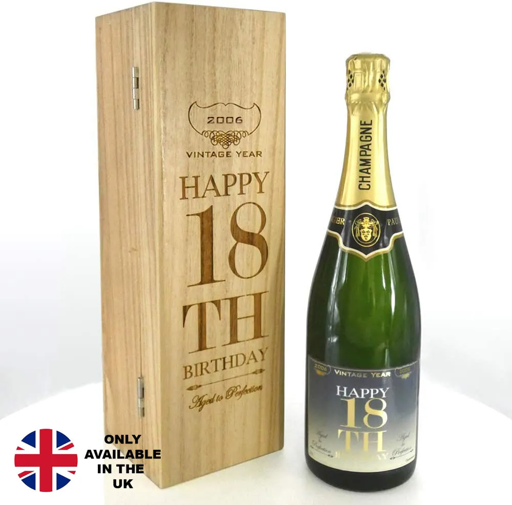 18th Birthday Gift For Him or Her Personalised 75cl Bottle of Champagne Presented in an Engraved Wooden Box 2006