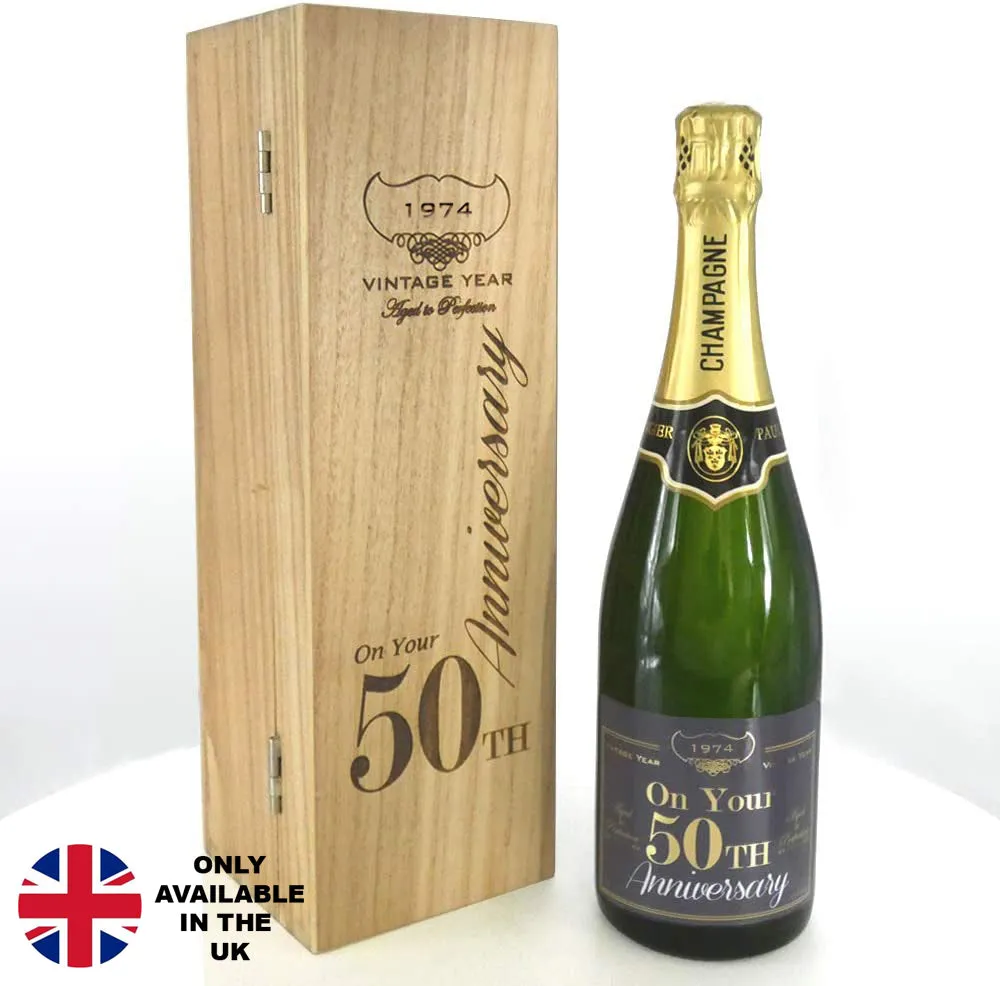 50th Anniversary Personalised 75cl Bottle of Champagne Presented in an engraved Wooden Box 1974