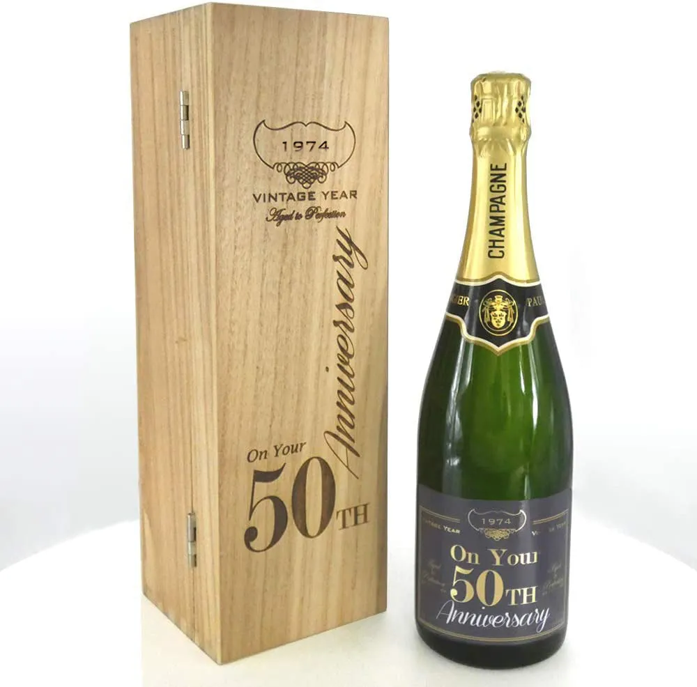 50th Anniversary Personalised 75cl Bottle of Champagne Presented in an engraved Wooden Box 1974