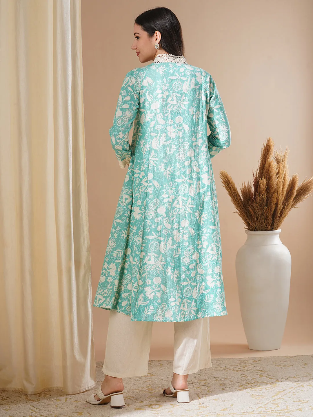 Abstract Printed A-Line Paneled Kurta with Palazzo - Green