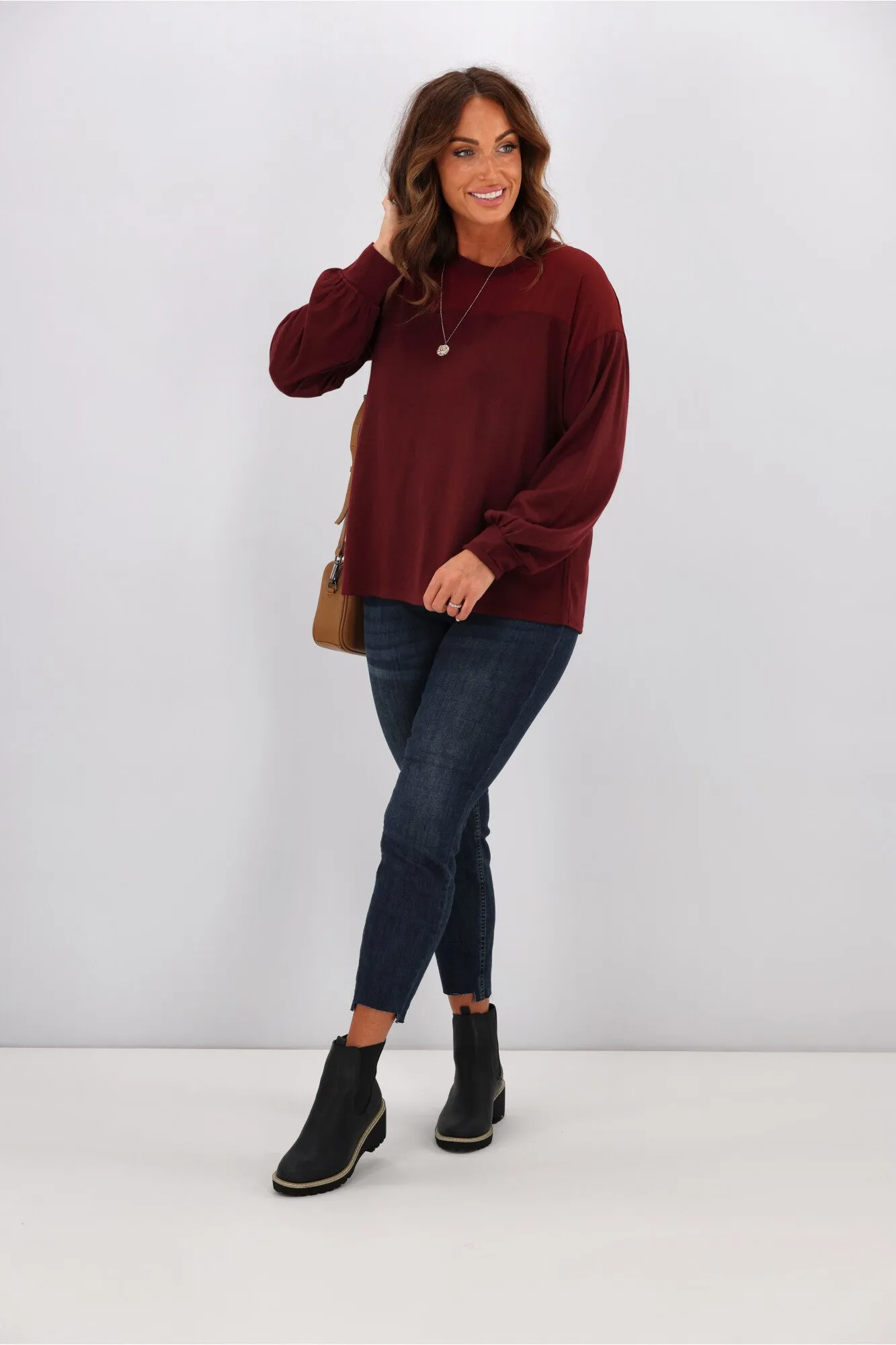 Alpine by Shine On Fleur Chiffon Yoke Merino Top Claret