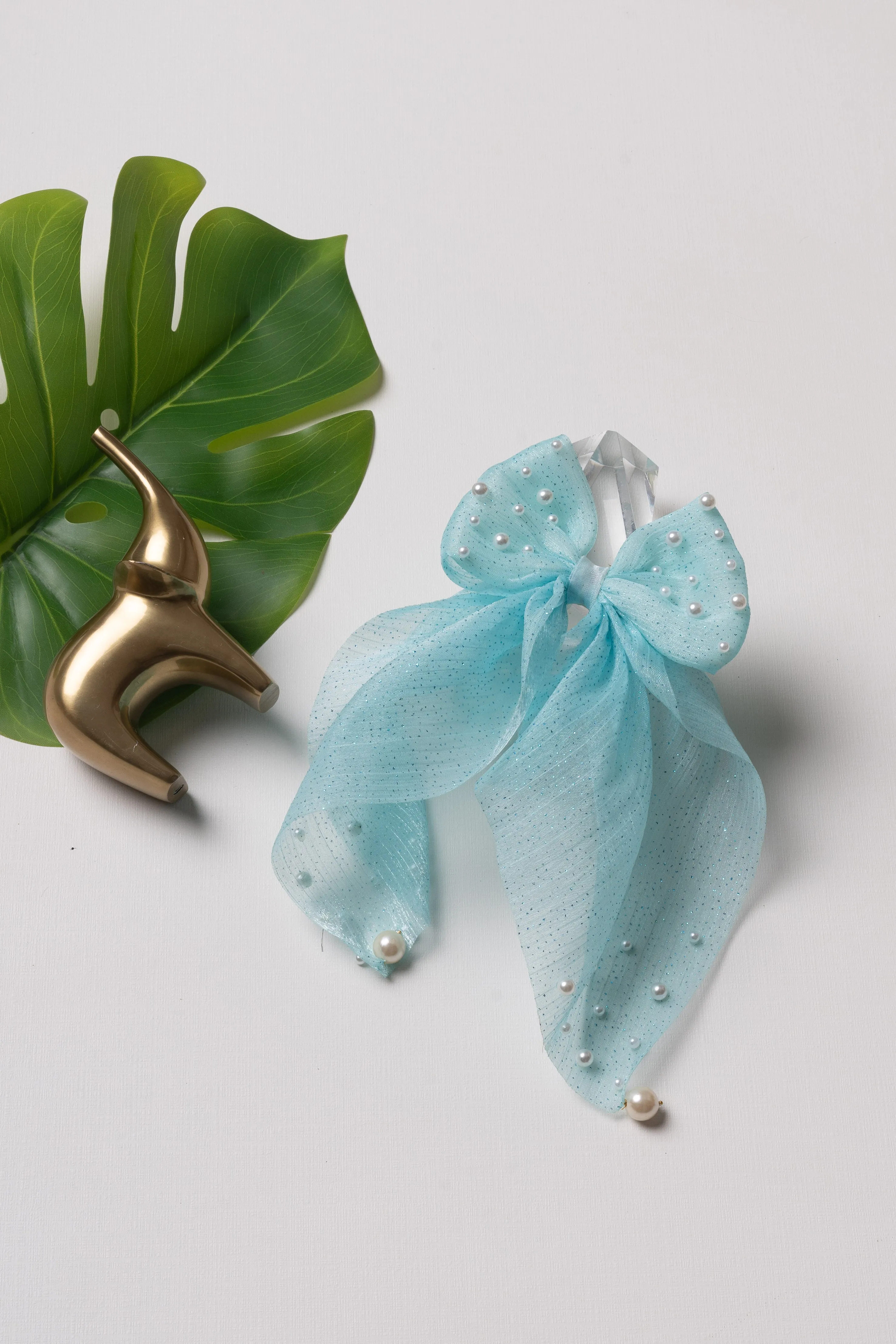 Aqua Blue Glitter Bow Hairband with Pearl Embellishments