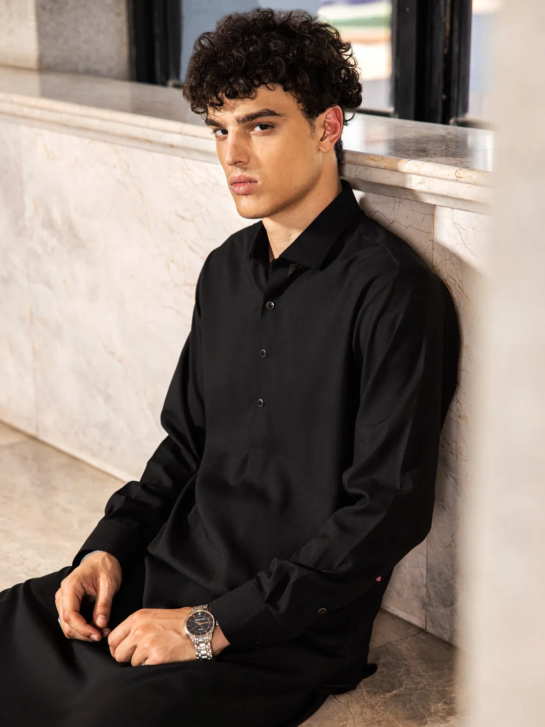 Black Cotton Kameez Shalwar - ALWA-KS-412