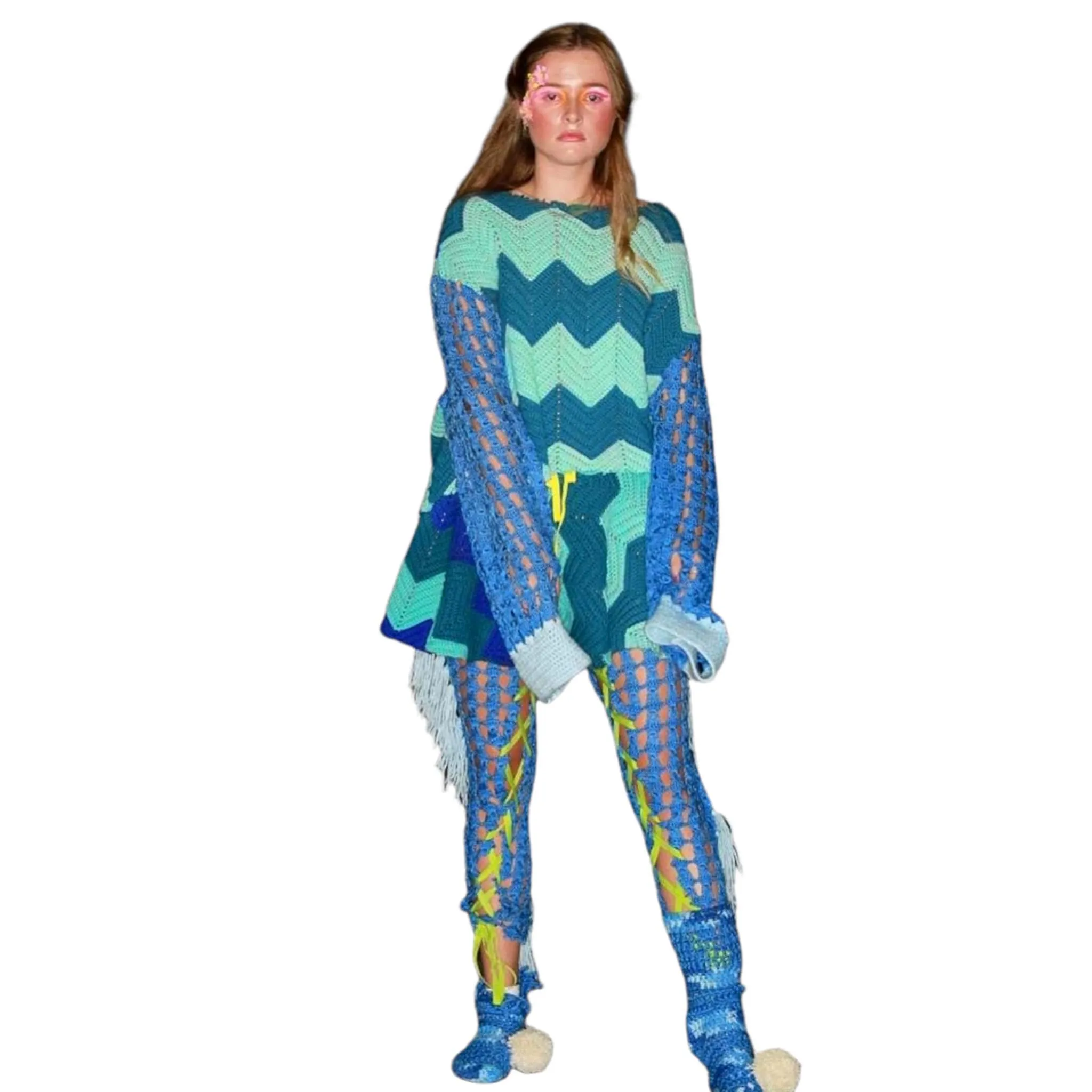 Blue For You Crochet Oversized Sweater With Skirt and Tie Up Tights