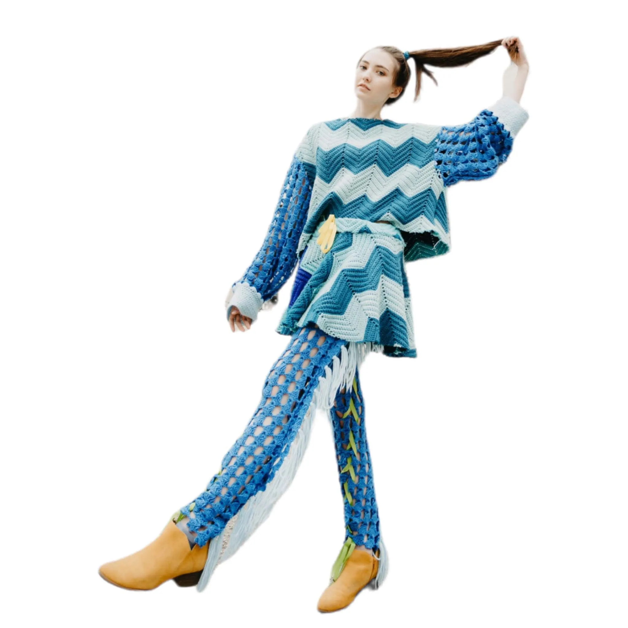 Blue For You Crochet Oversized Sweater With Skirt and Tie Up Tights