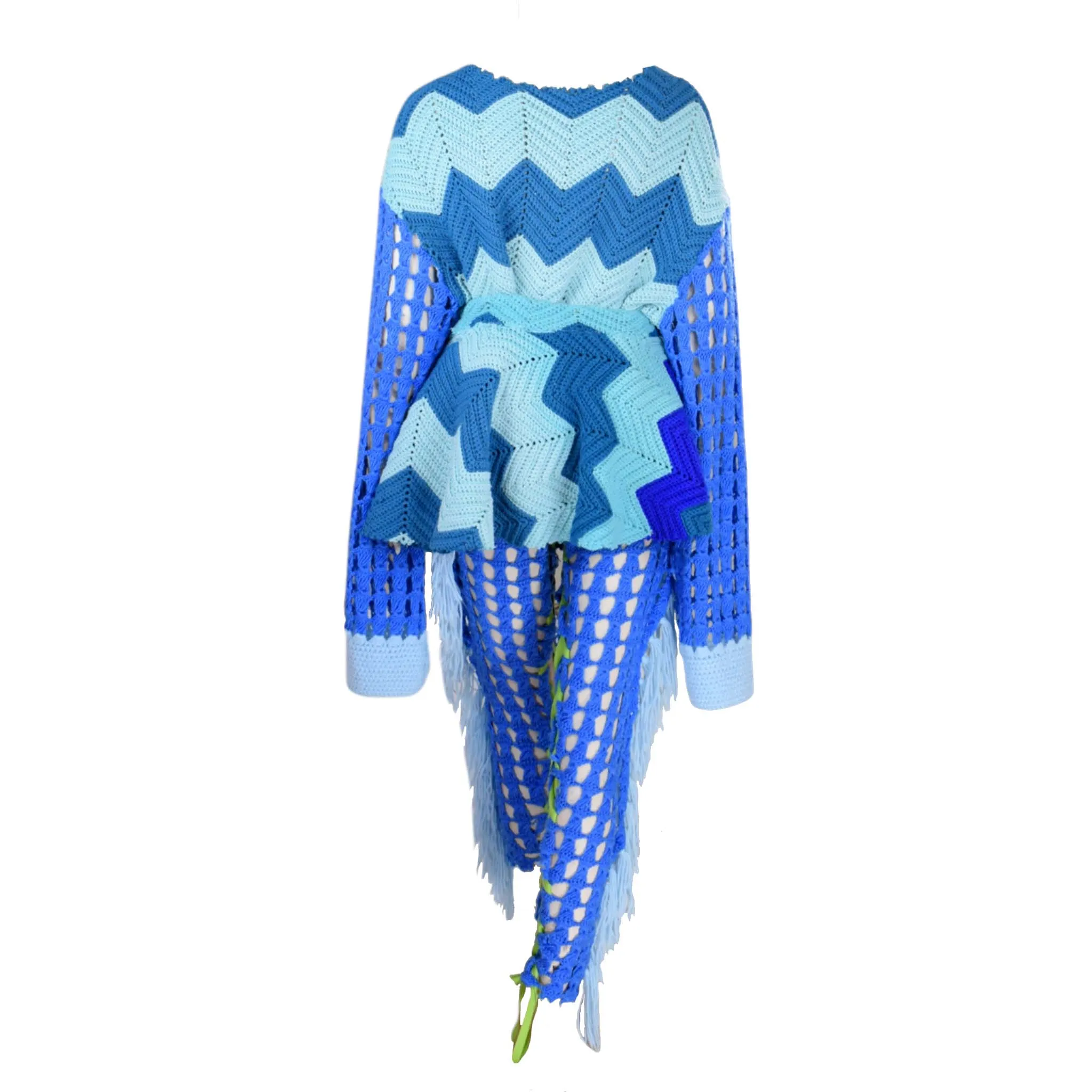 Blue For You Crochet Oversized Sweater With Skirt and Tie Up Tights
