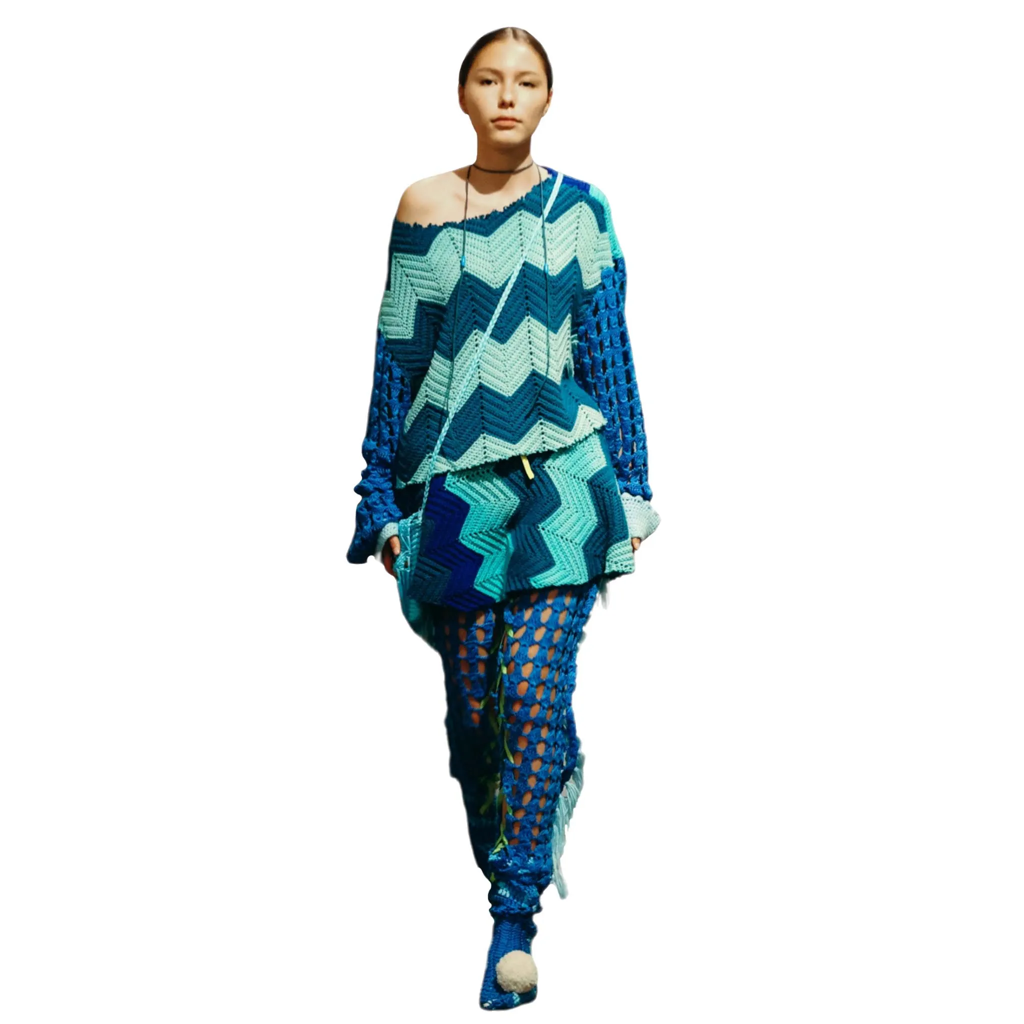 Blue For You Crochet Oversized Sweater With Skirt and Tie Up Tights