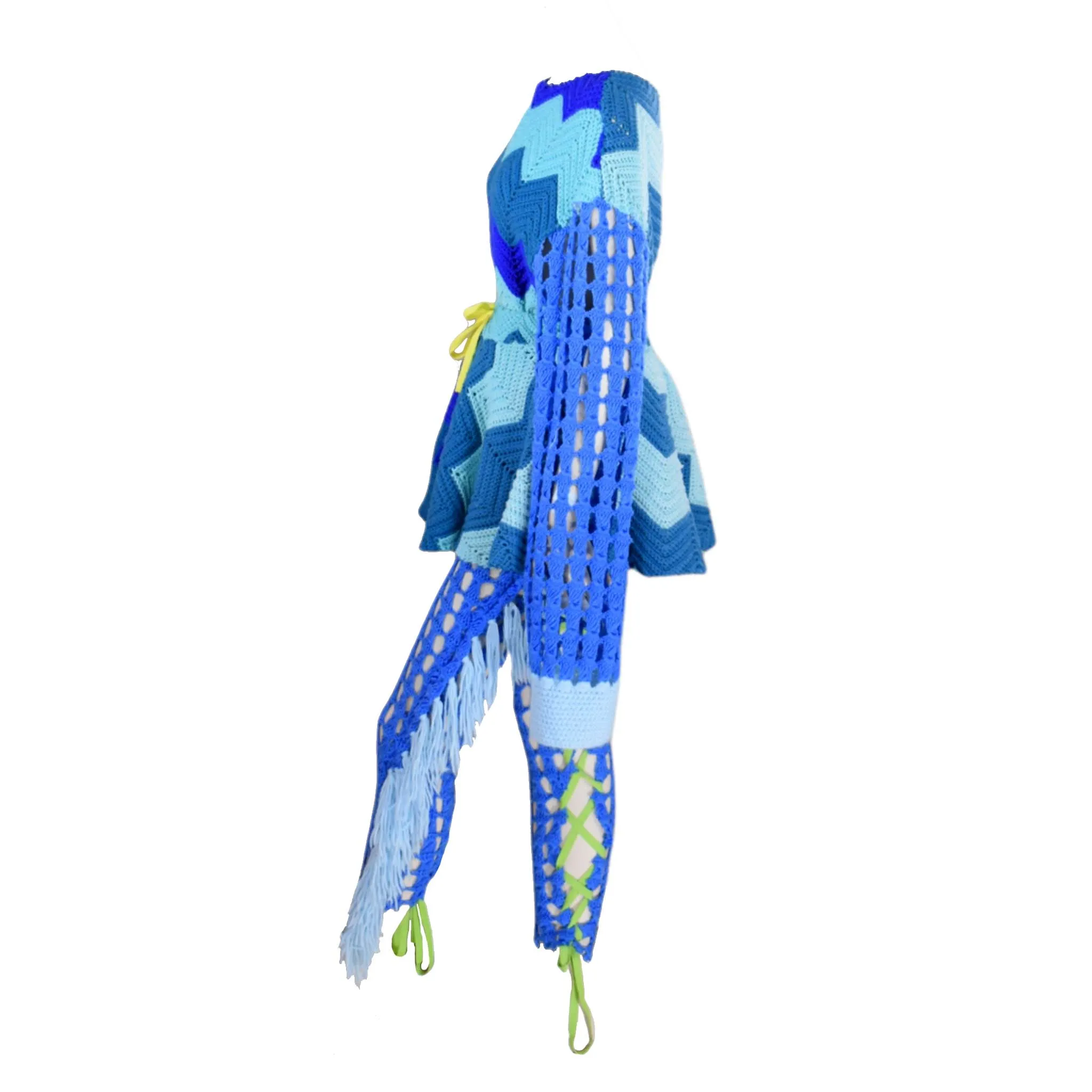 Blue For You Crochet Oversized Sweater With Skirt and Tie Up Tights