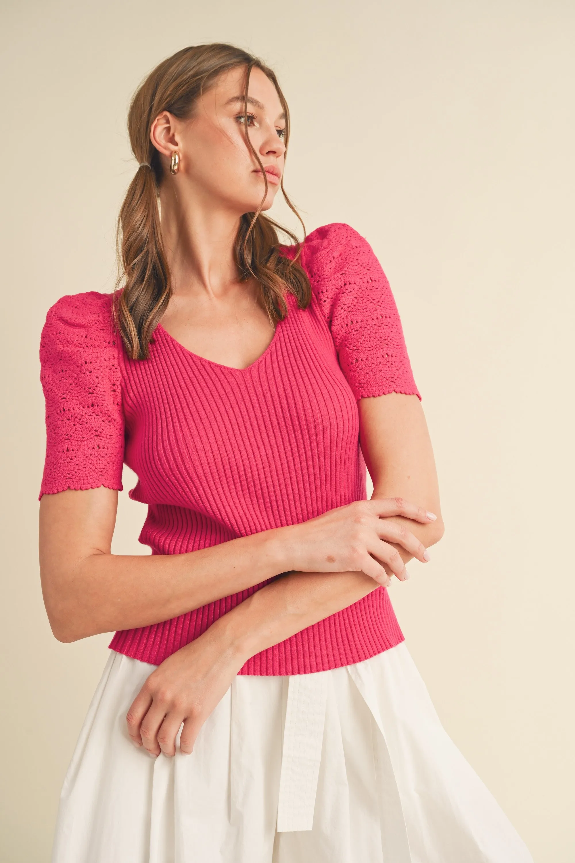 Bright Pink V-Neck Ribbed Sweater