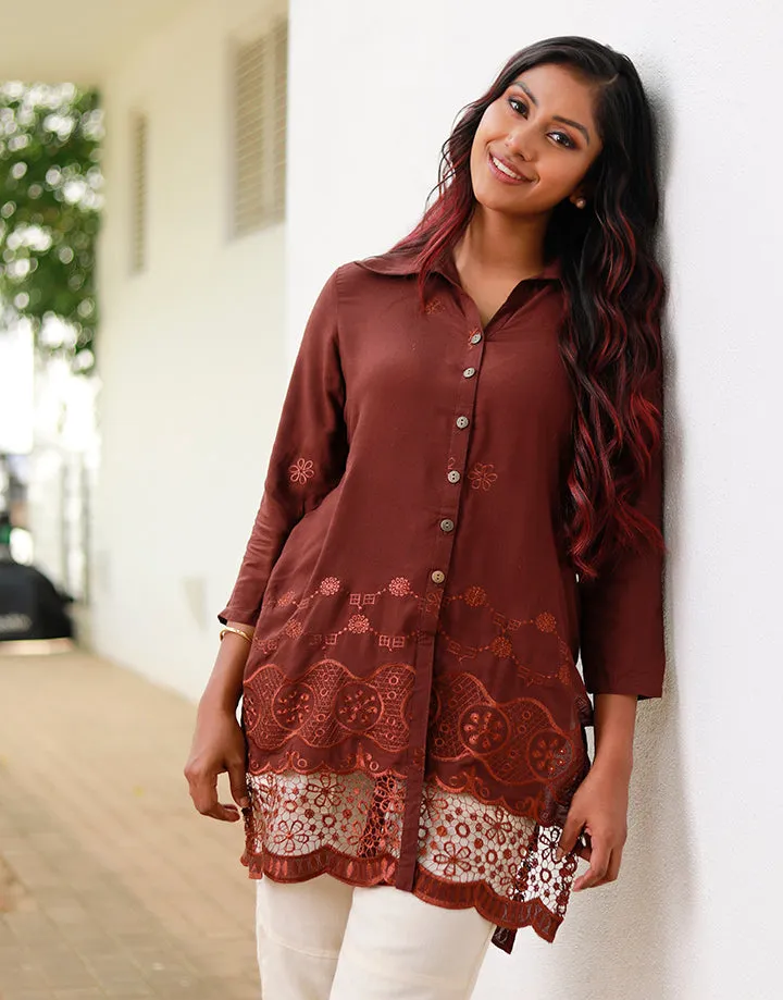 Buttoned Downed Embroidered Kurtha