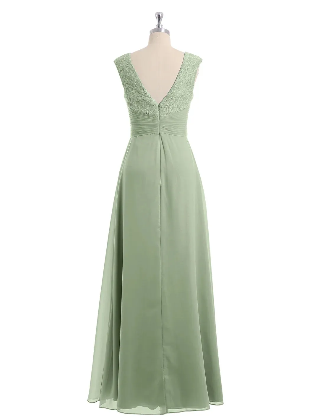 Cap Sleeves Chiffon And Lace Dress With V NECK Dusty Sage