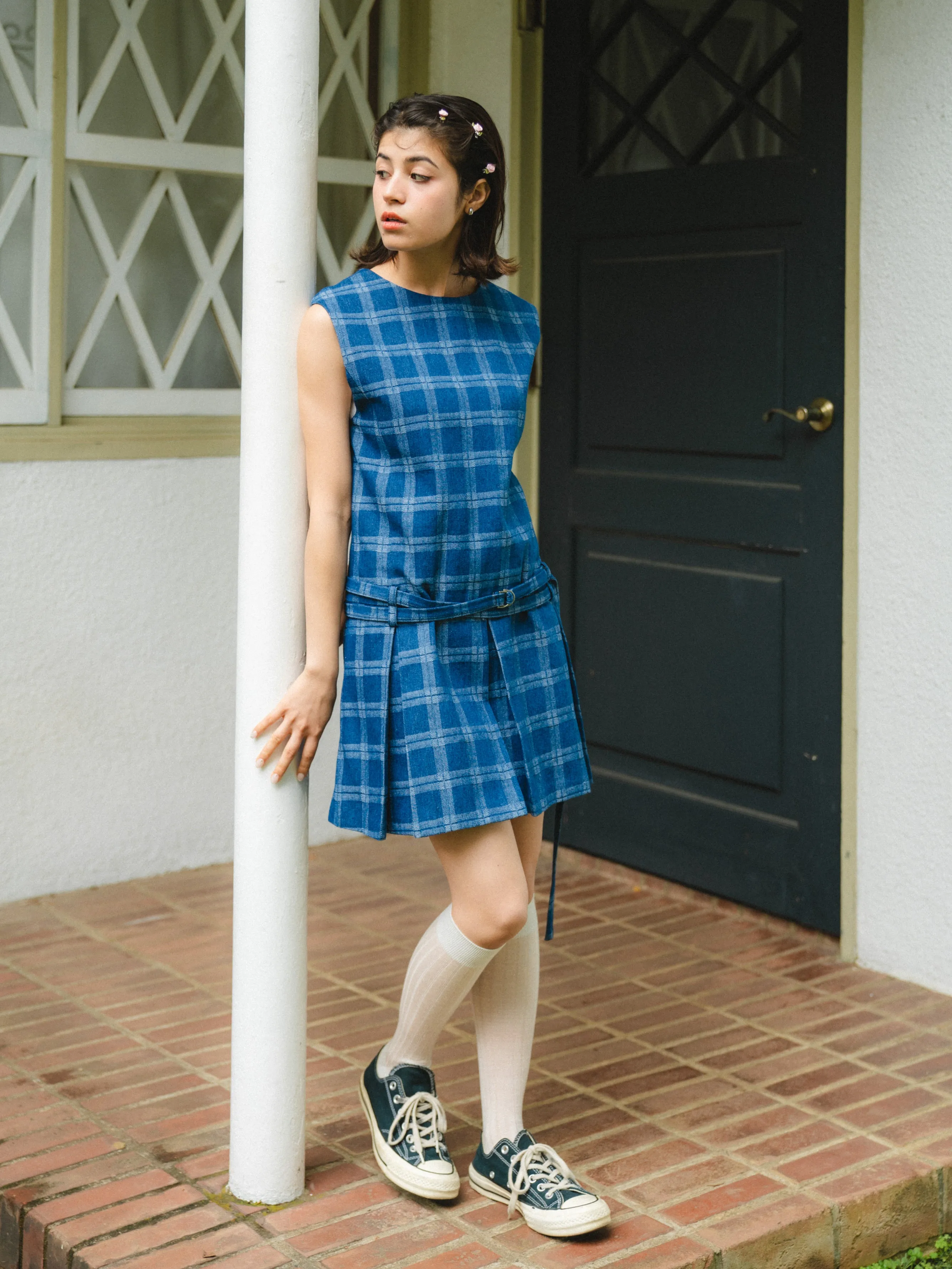 Check Design Denim Mini Dress