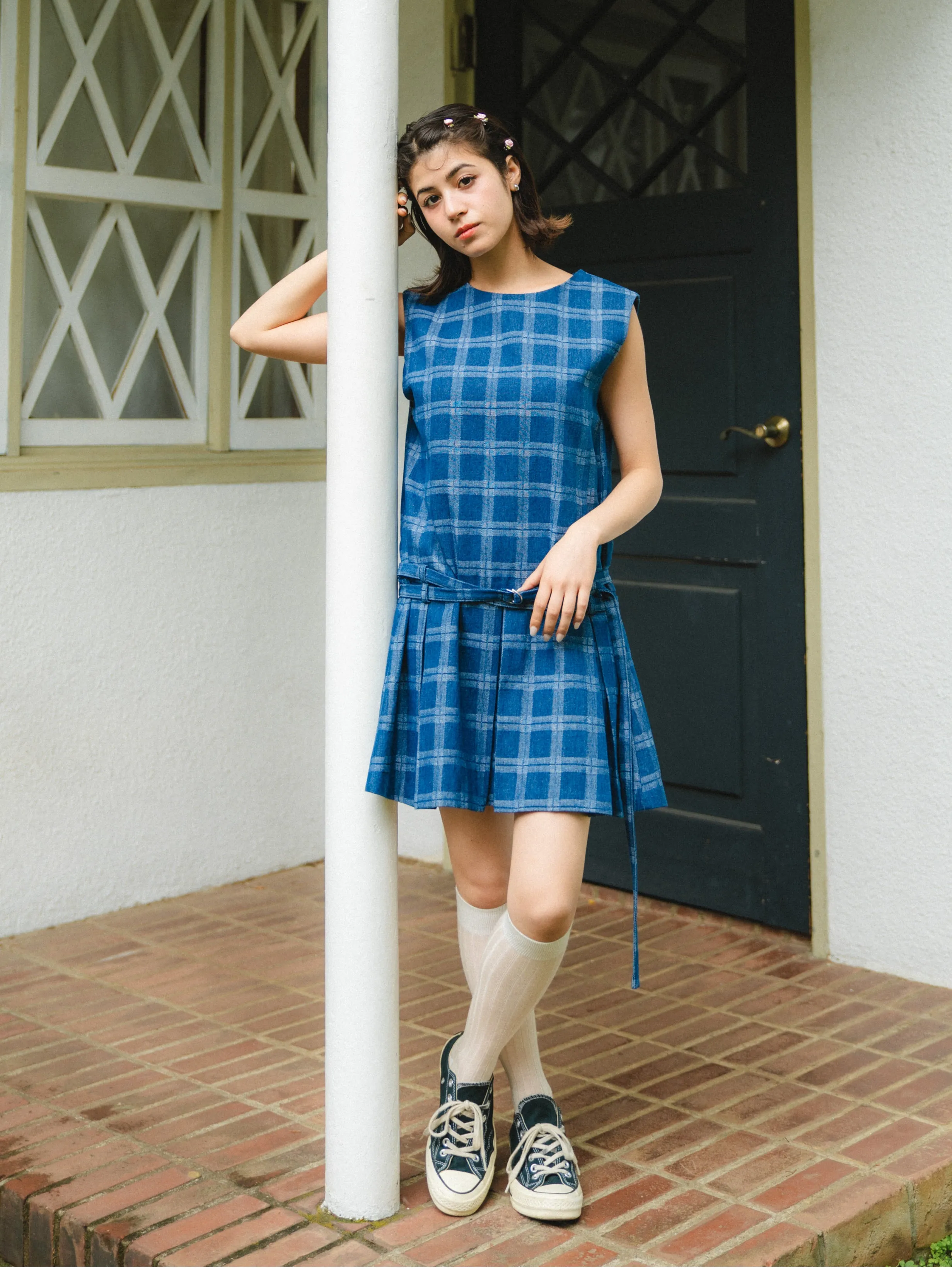 Check Design Denim Mini Dress