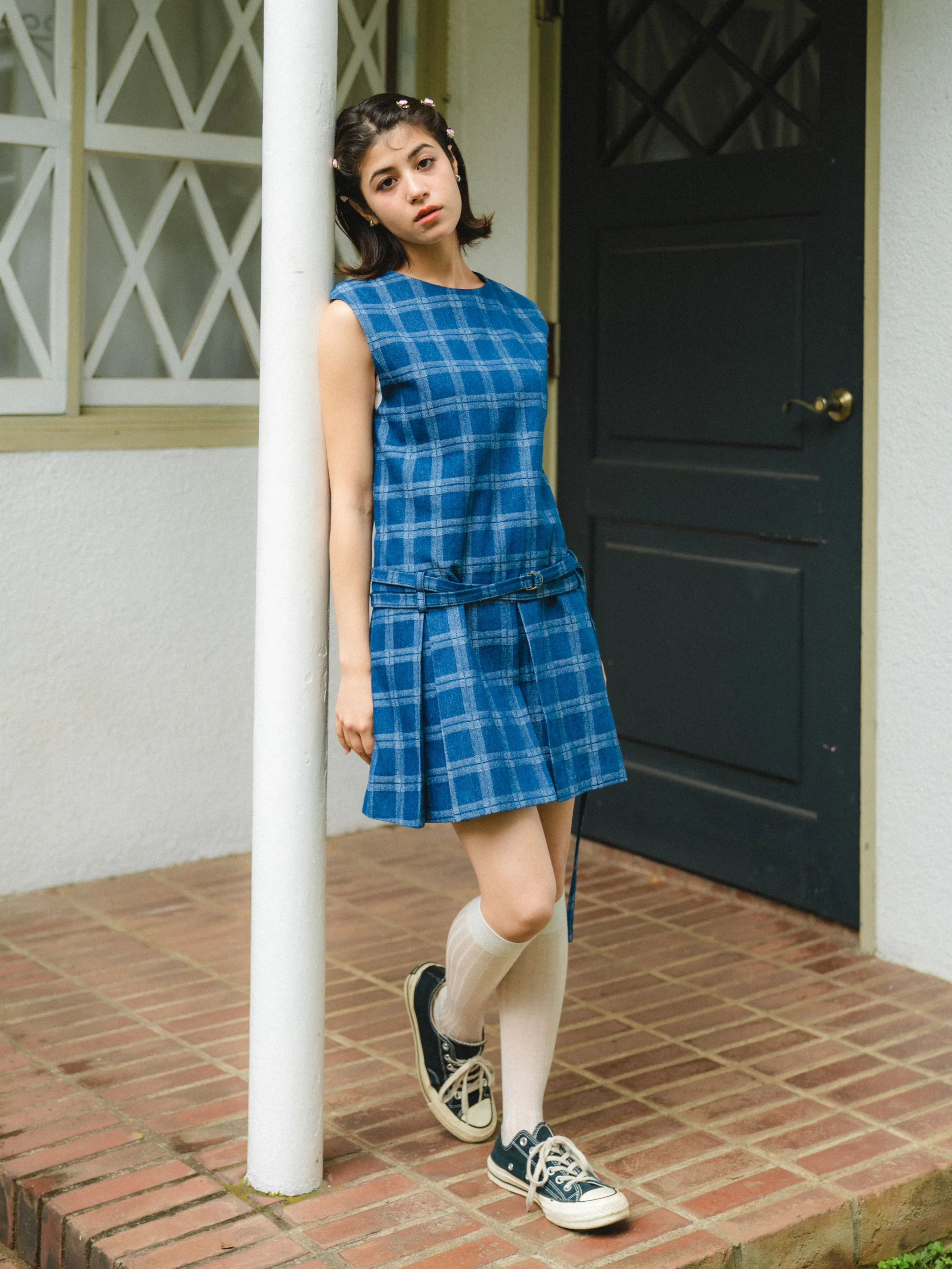 Check Design Denim Mini Dress