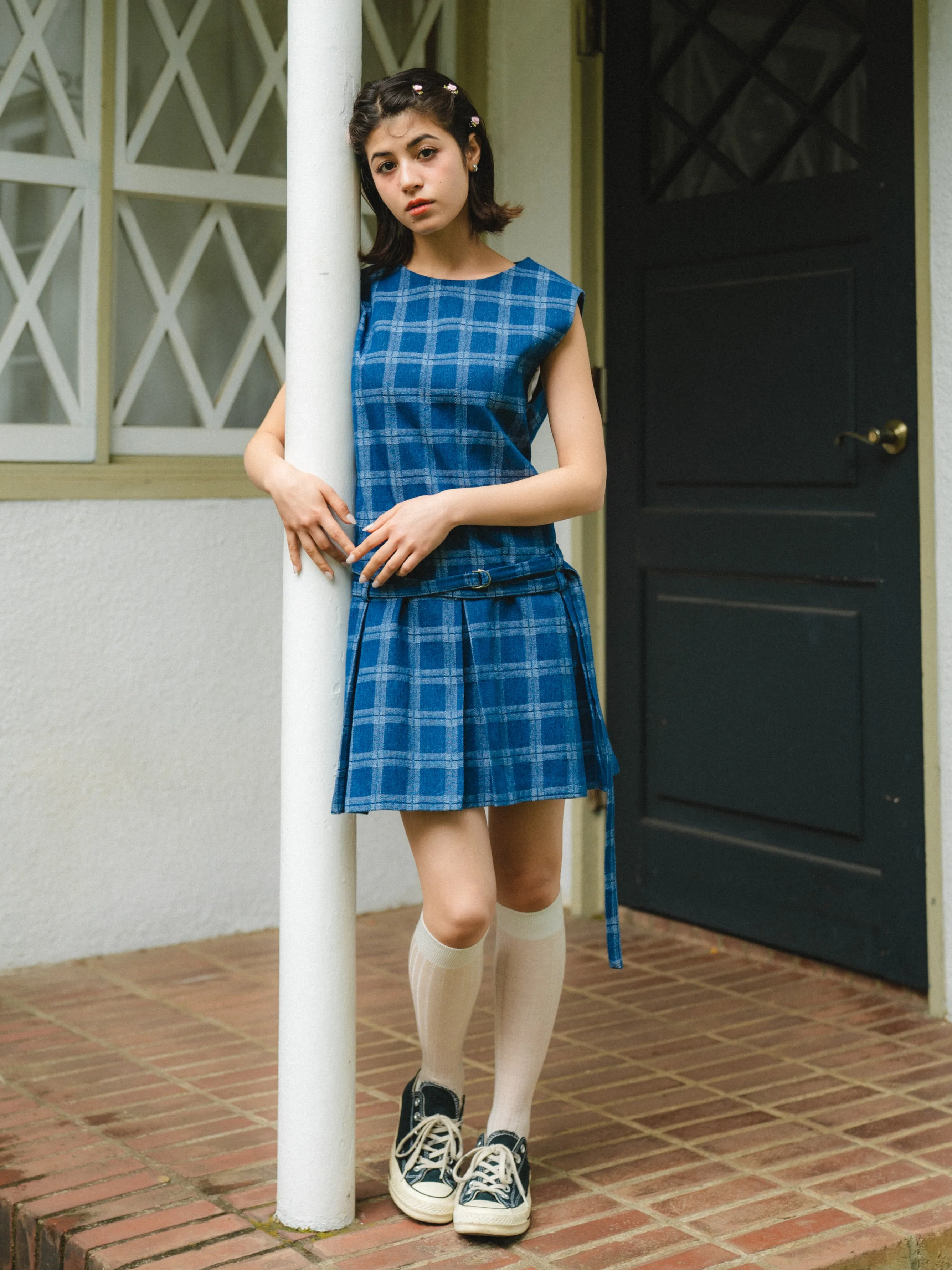Check Design Denim Mini Dress