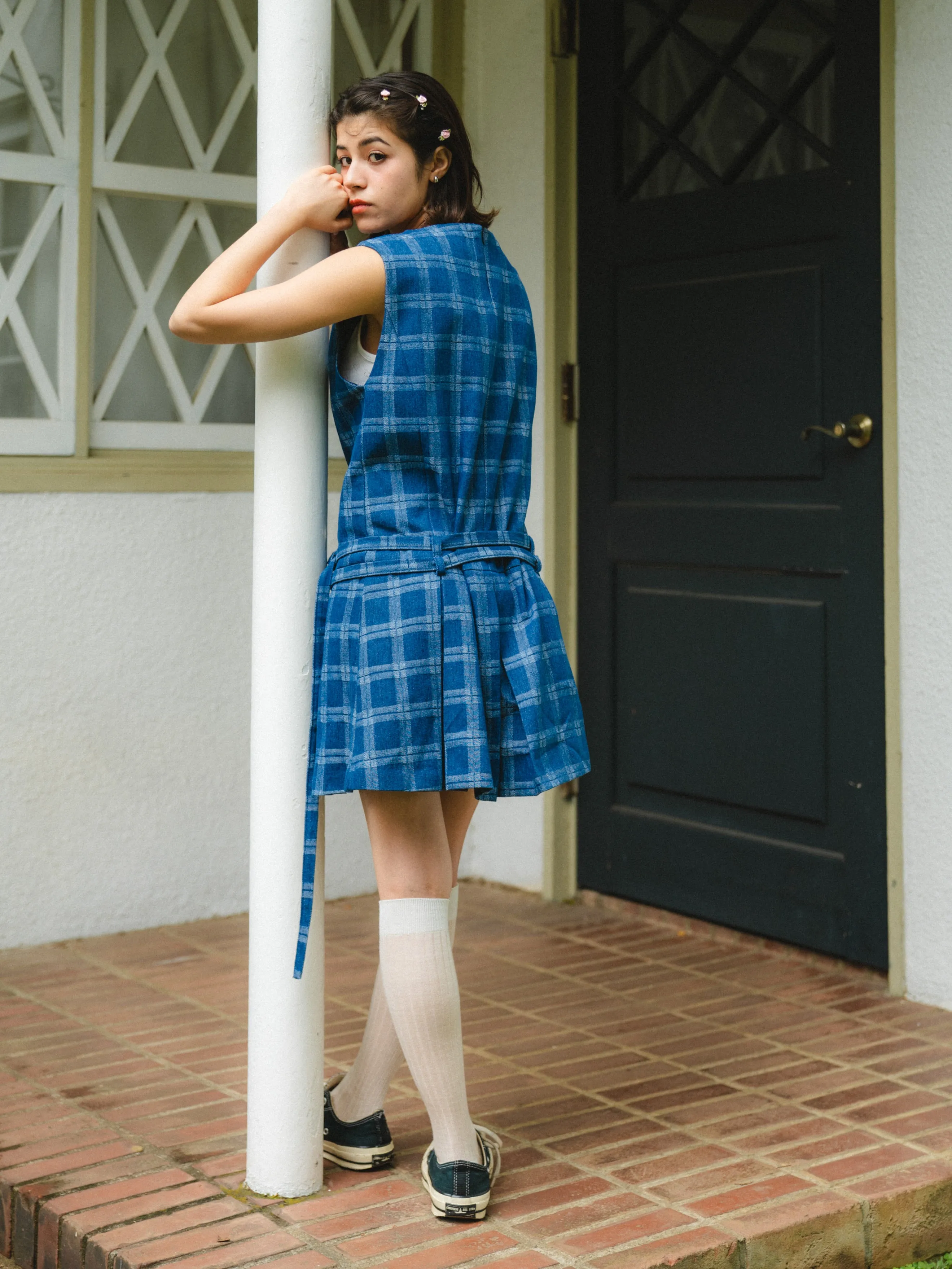 Check Design Denim Mini Dress