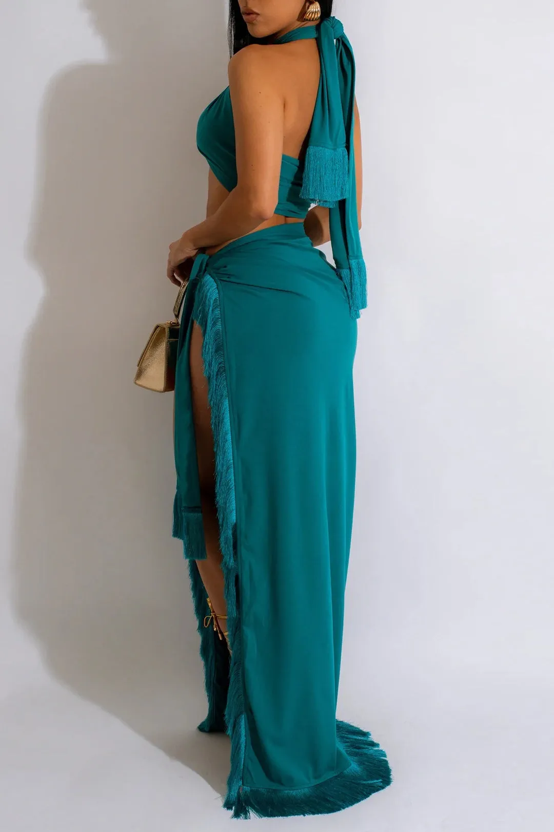 Cross Halter Knot Tassel Backless Tank Top And Split Maxi Skirt Set