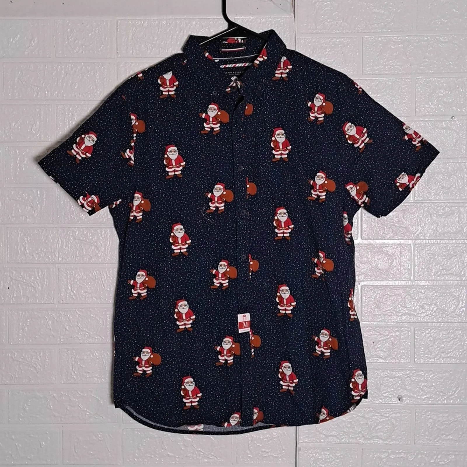 Denim and Flower All Cotton Short Sleeve Christmas Button Shirt
