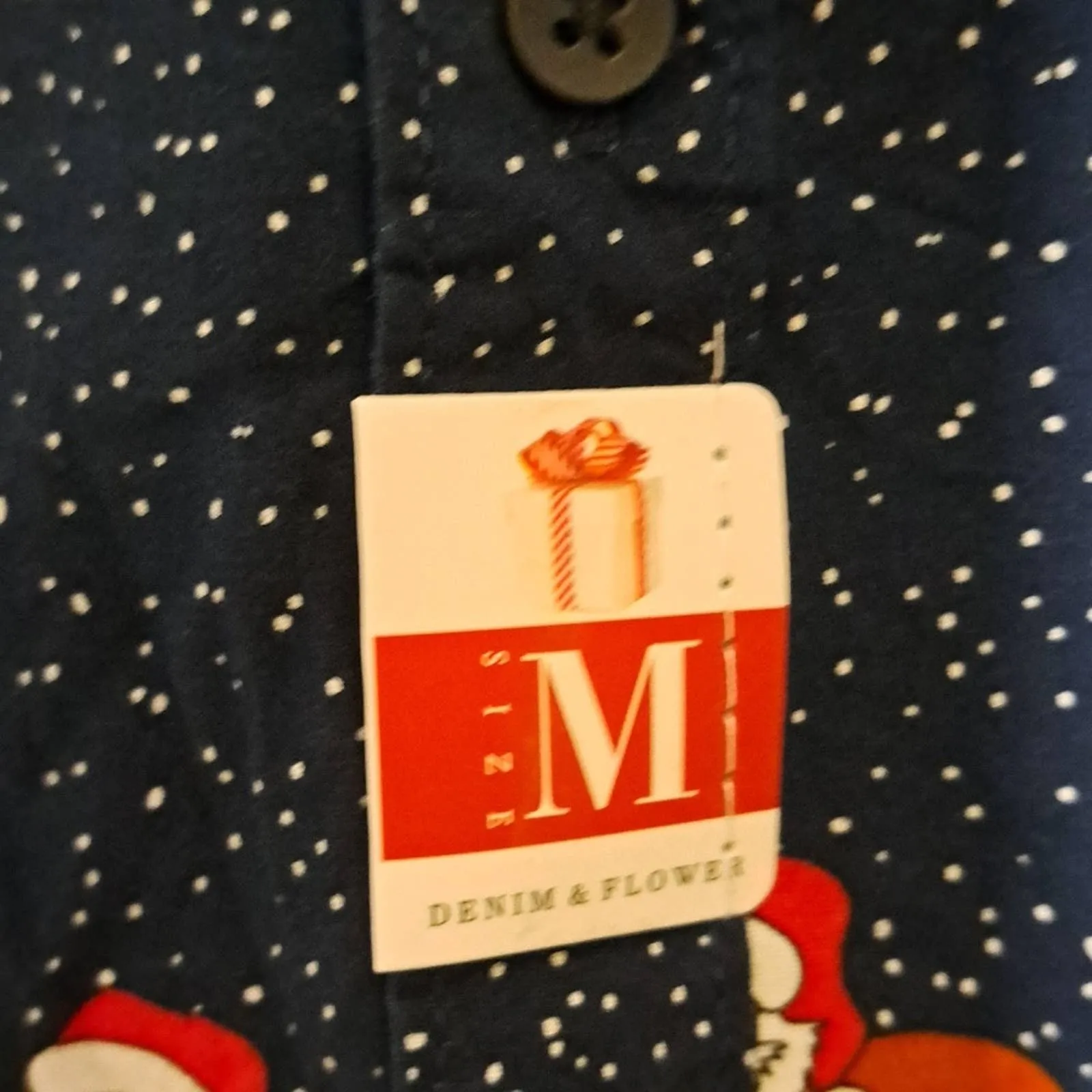 Denim and Flower All Cotton Short Sleeve Christmas Button Shirt