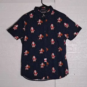 Denim and Flower All Cotton Short Sleeve Christmas Button Shirt