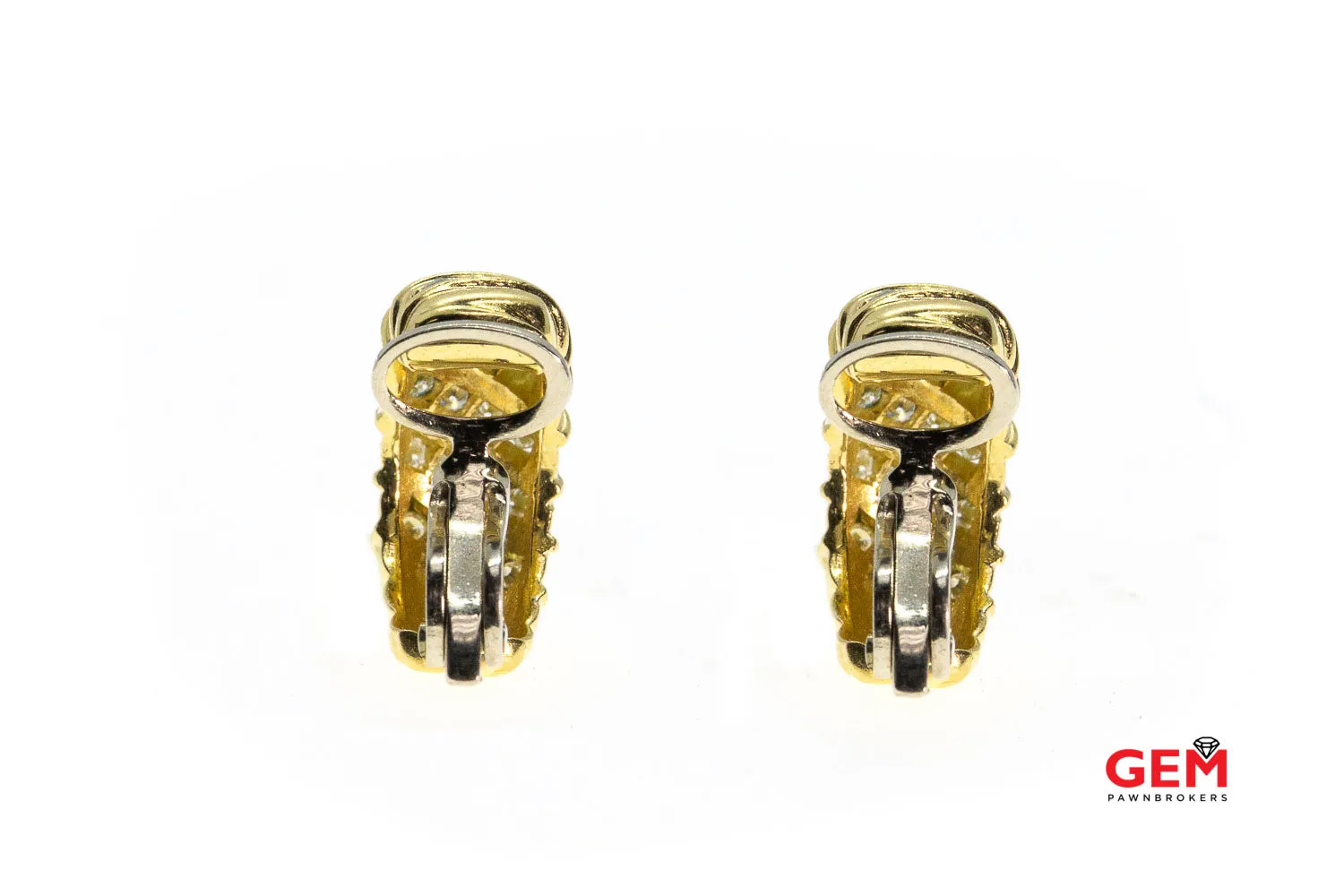 Italian Diamond Cluster Clip On Solid 18K 750 Yellow & White Gold Earrings