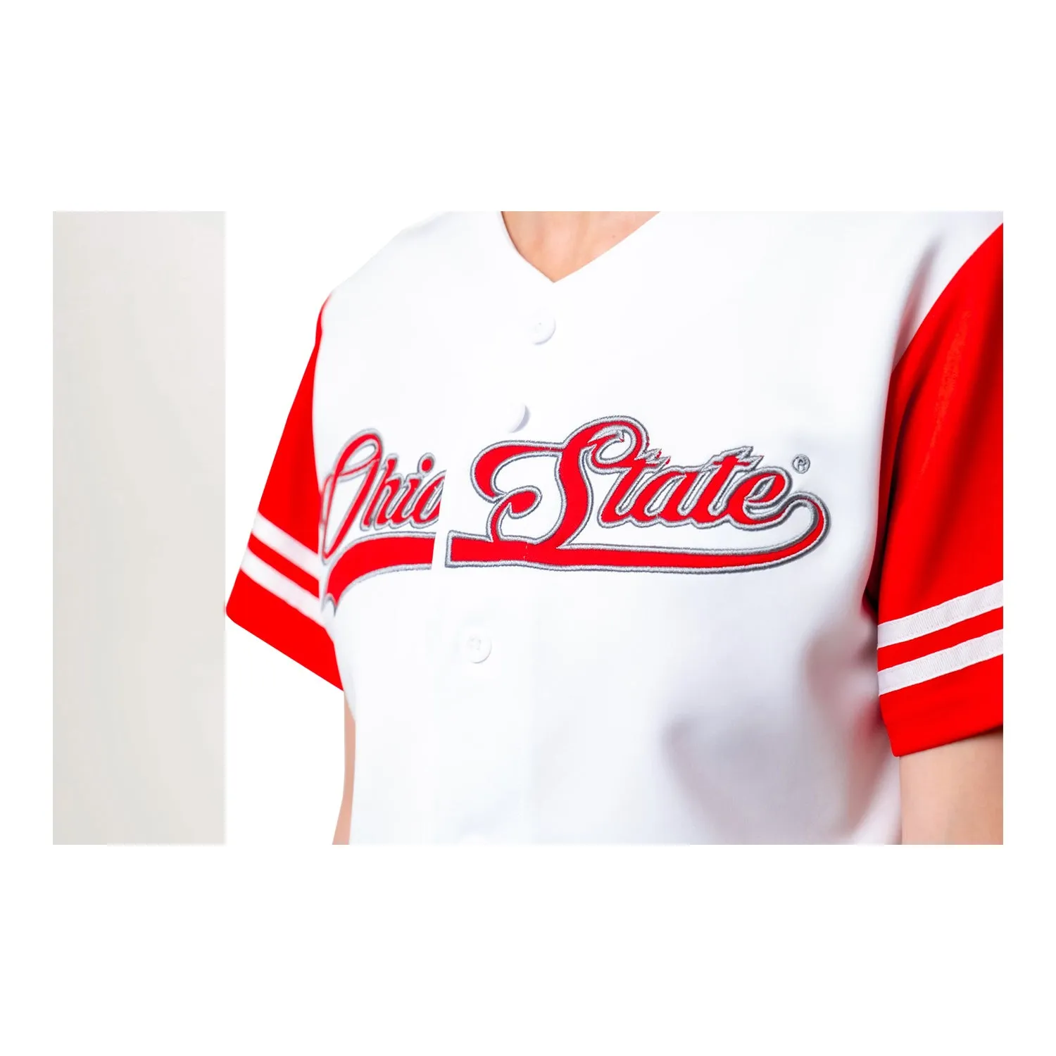 Ladies Ohio State Buckeyes Baseball Script White Cropped Jersey