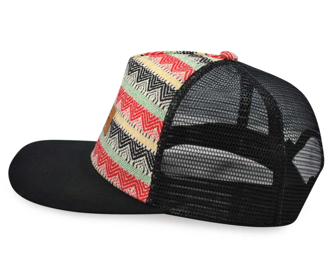 Mato Woven Trucker Hat Snapback Flat Brim Boho Tribal Aztec Pattern Baseball Cap Black