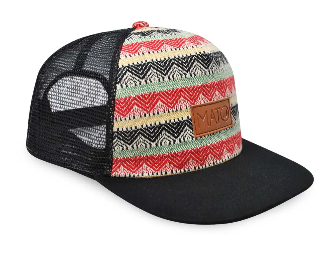 Mato Woven Trucker Hat Snapback Flat Brim Boho Tribal Aztec Pattern Baseball Cap Black