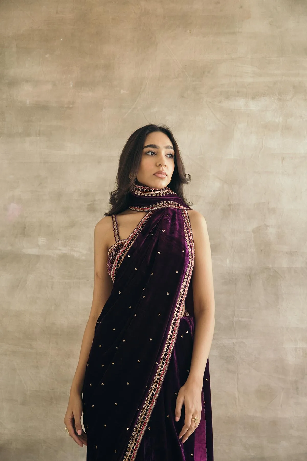 Plum Silk Velvet Retro Sari