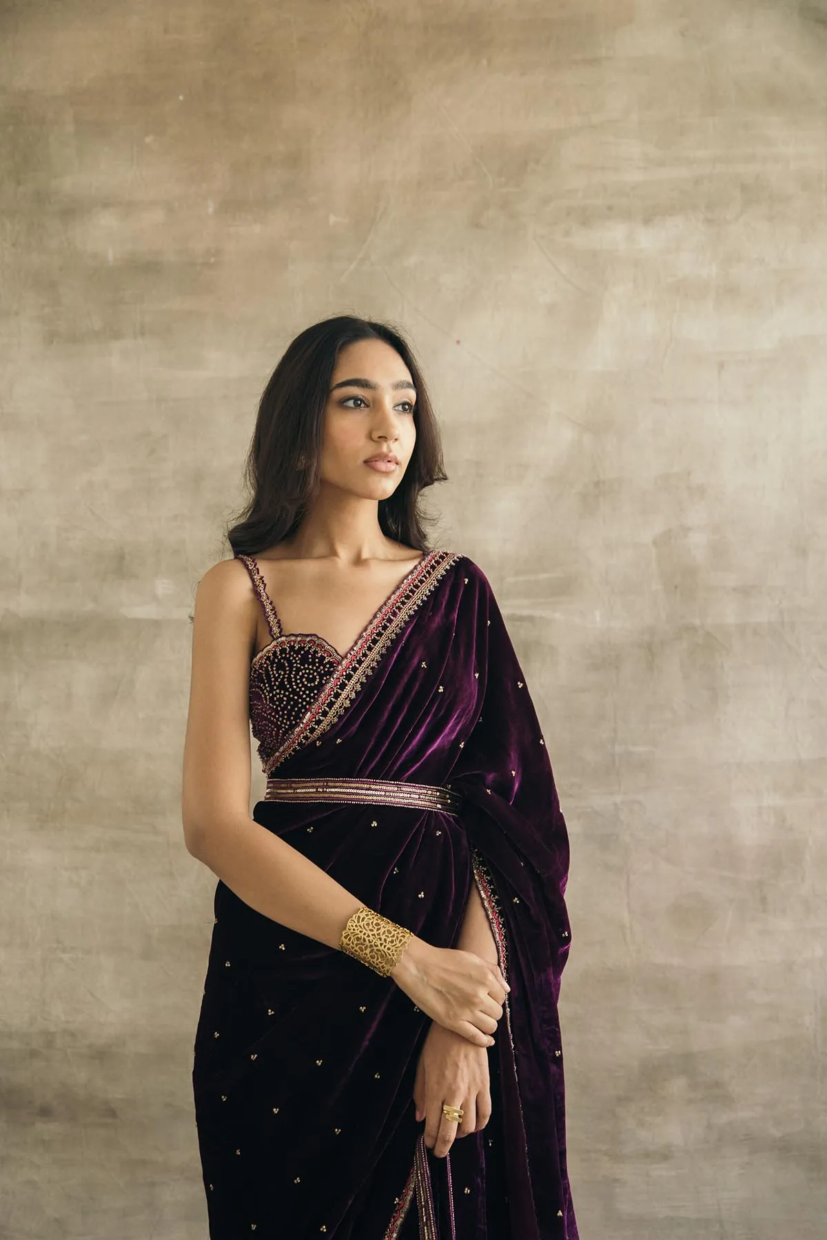 Plum Silk Velvet Retro Sari