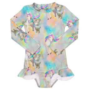 Rainbow Unicorn and Koala Girls Long Sleeve Back Zip Swimmers