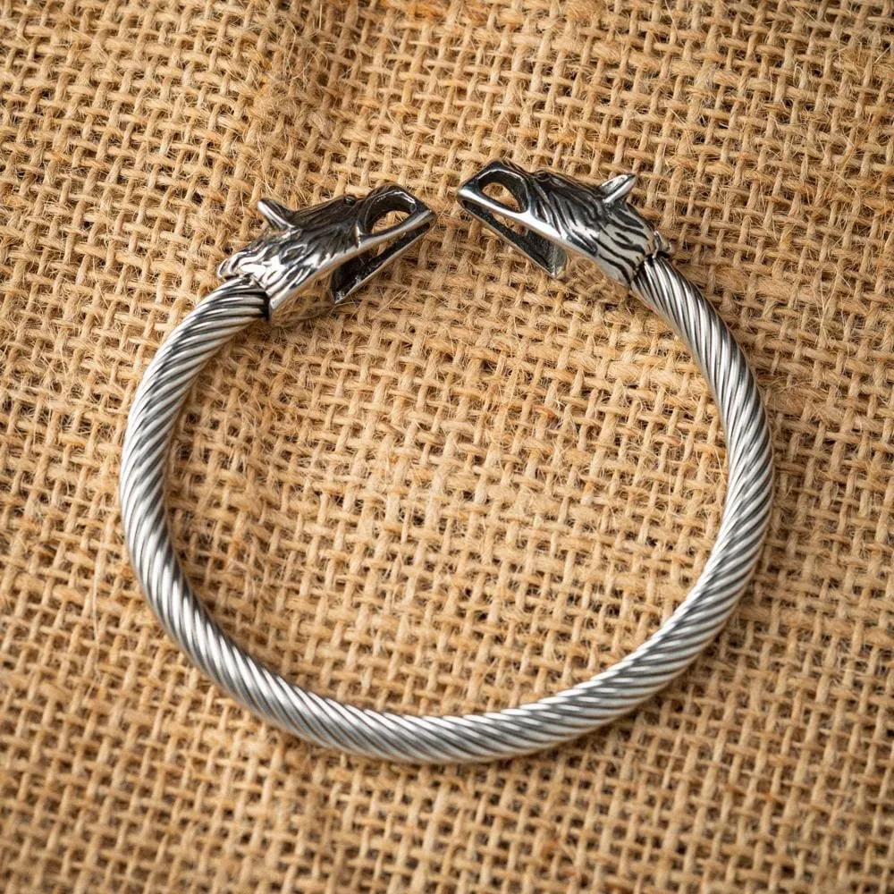 Stainless Steel Small Wolf Head Torc Bracelet