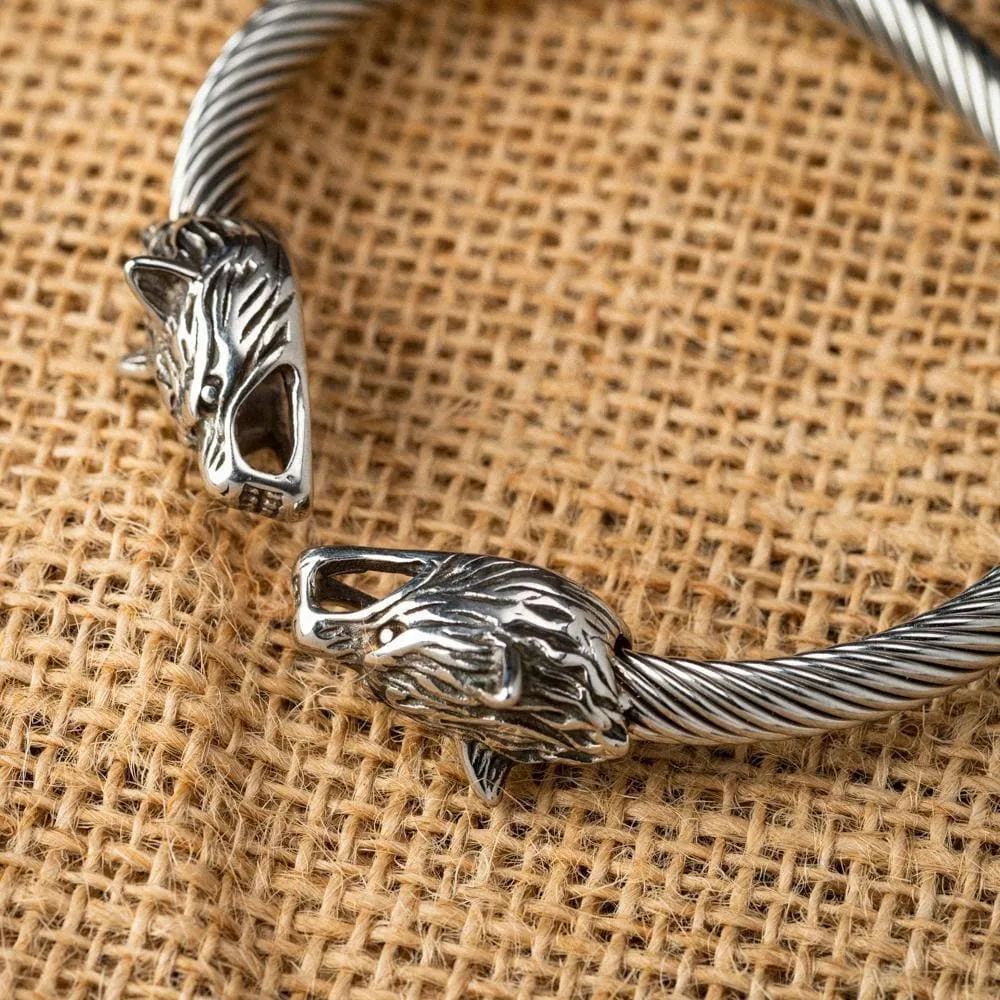 Stainless Steel Small Wolf Head Torc Bracelet