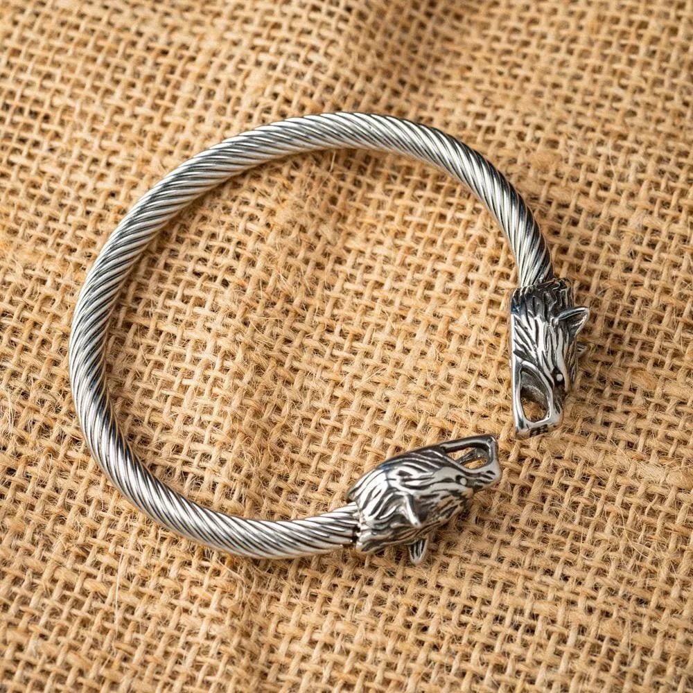 Stainless Steel Small Wolf Head Torc Bracelet