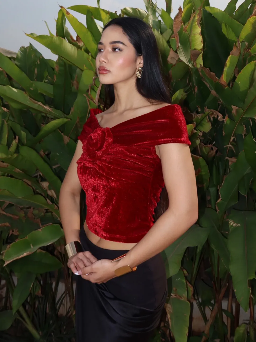 Velvet Off-Shoulder Rose Top