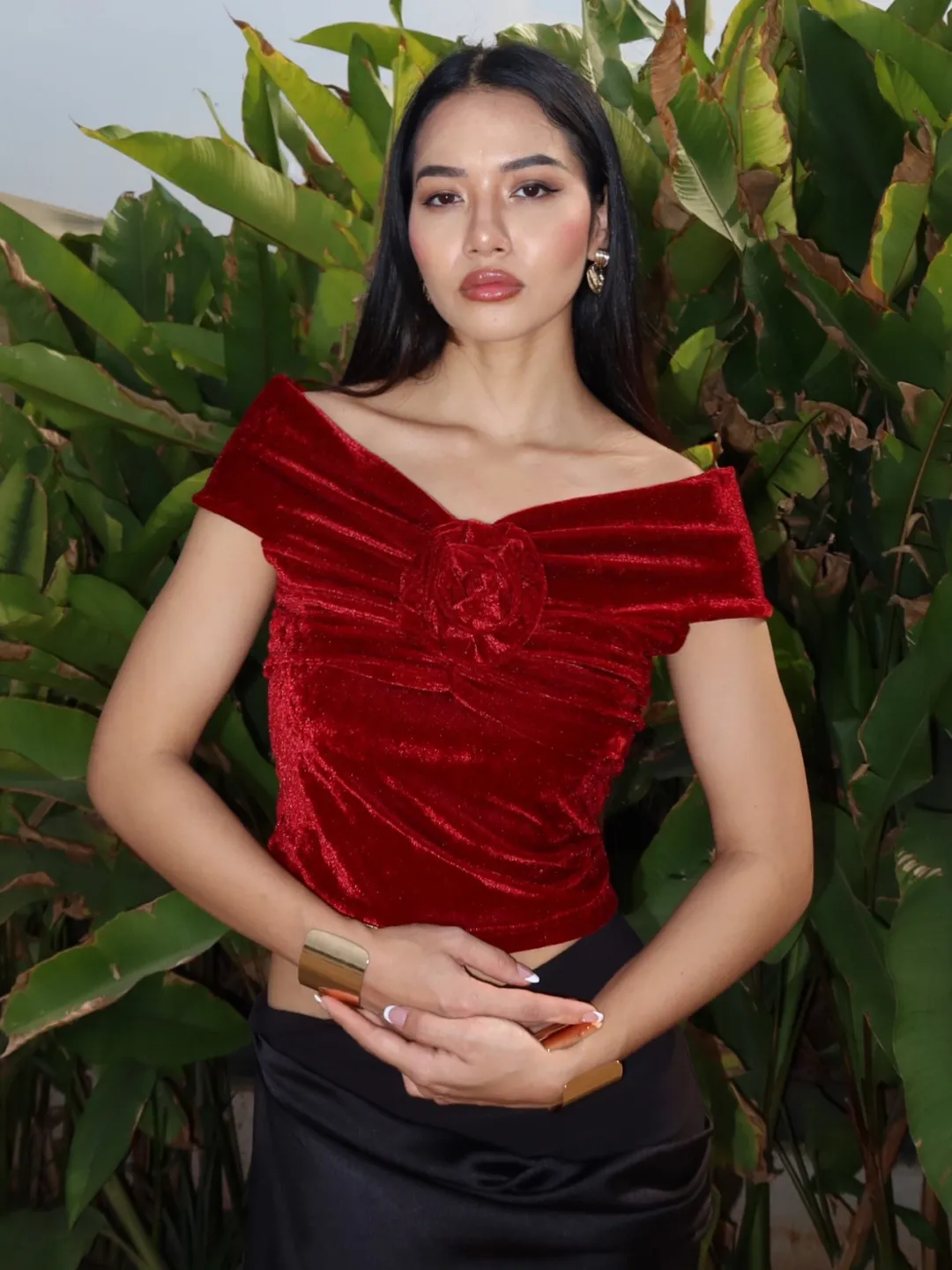 Velvet Off-Shoulder Rose Top